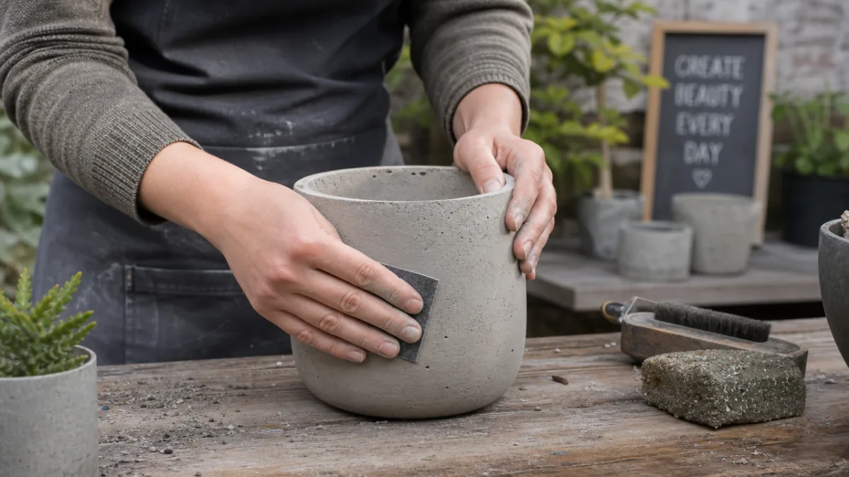 hands smoothing a freshly demolded concrete pot on an outdoor workbench, soft…