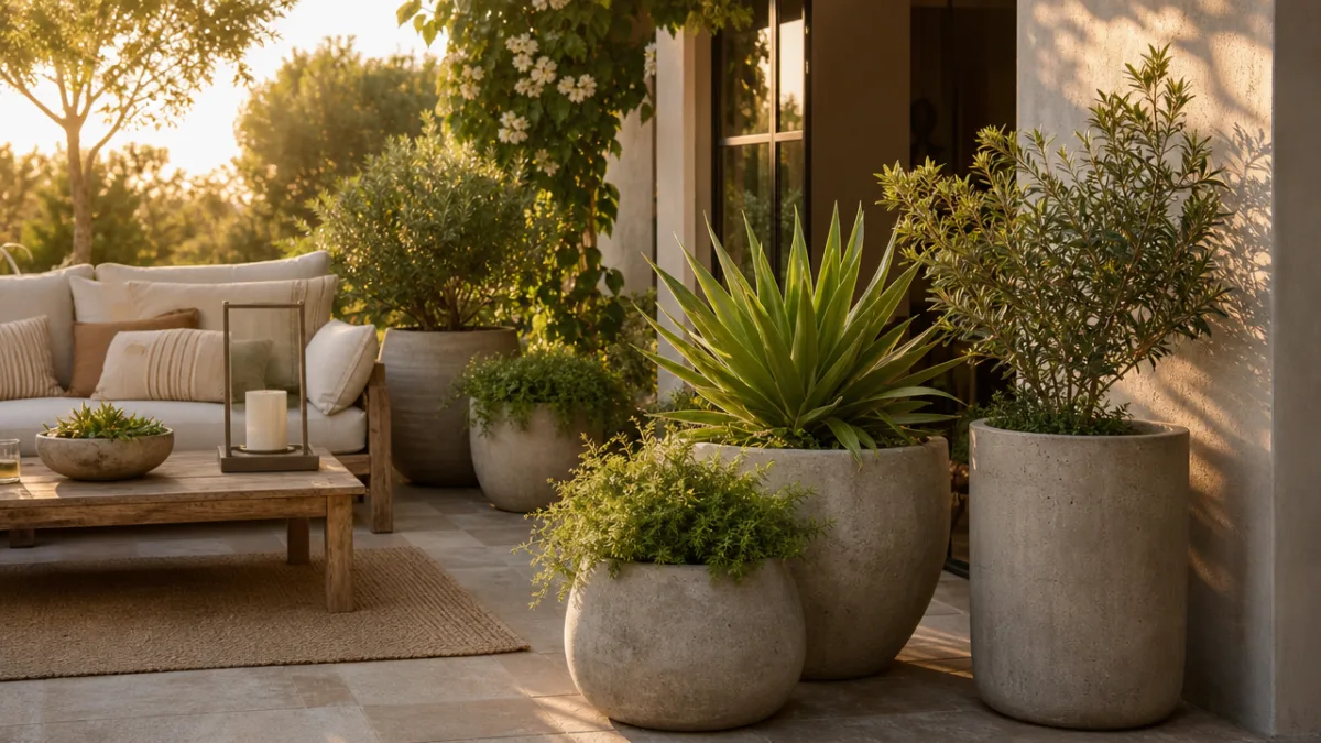 a styled outdoor patio with multiple concrete pots filled with lush green…