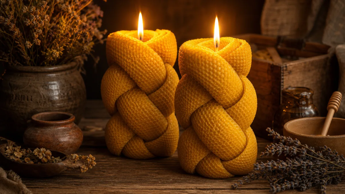 large golden braided beeswax candles on a rustic wooden table, warm candlelight…