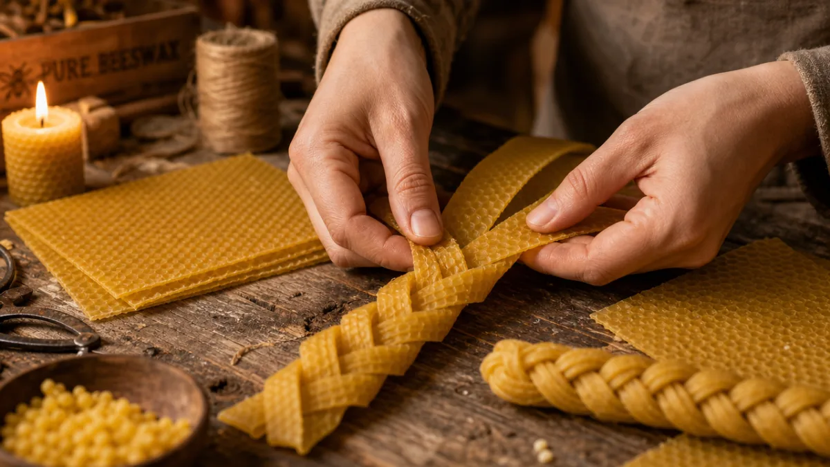 hands carefully braiding golden beeswax sheets on a rustic wooden surface, warm…