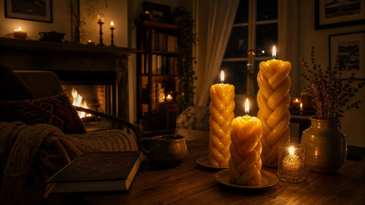 a serene candlelit room with large braided beeswax candles glowing warmly, cozy…