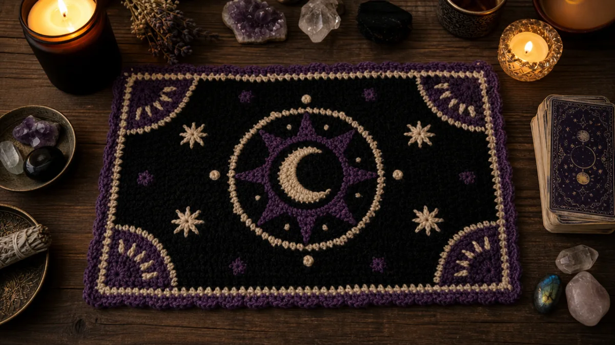 a handmade crochet tarot mat laid flat on a wooden table with…