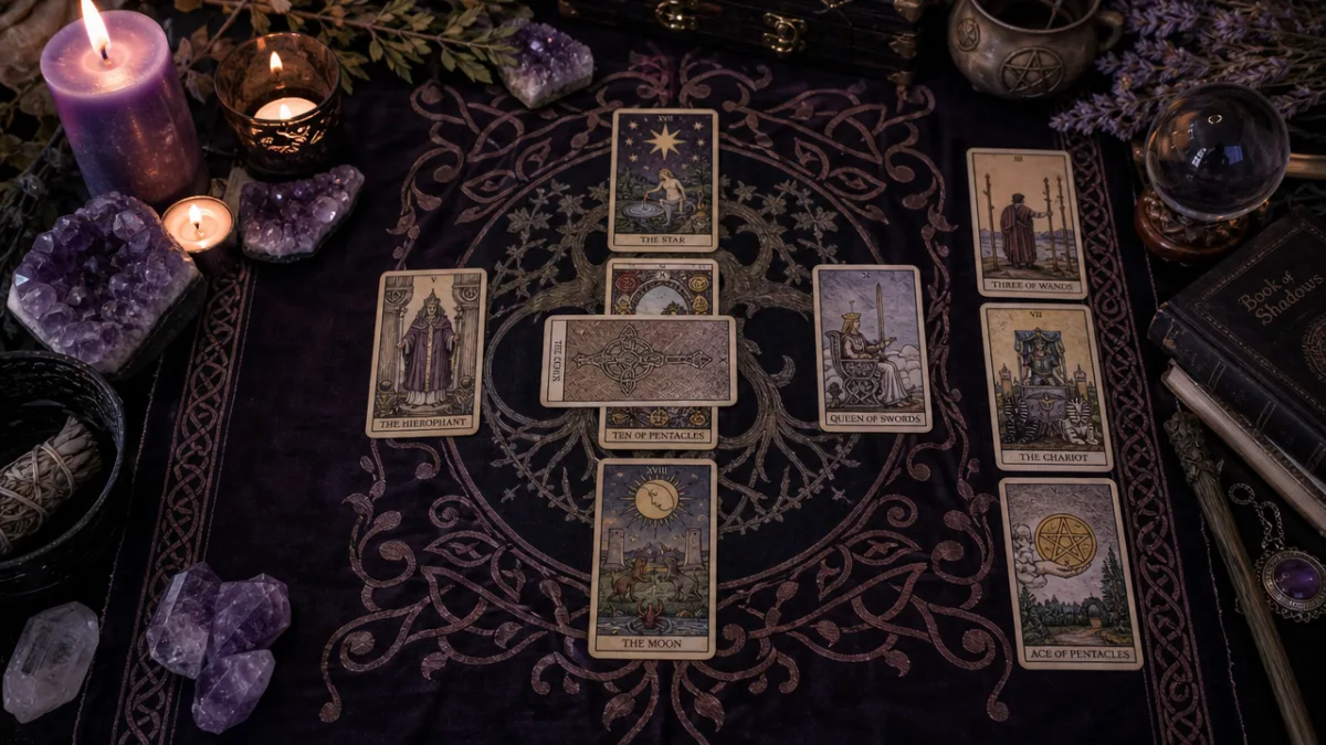 a witch altar cloth with tarot cards spread in a Celtic Cross…