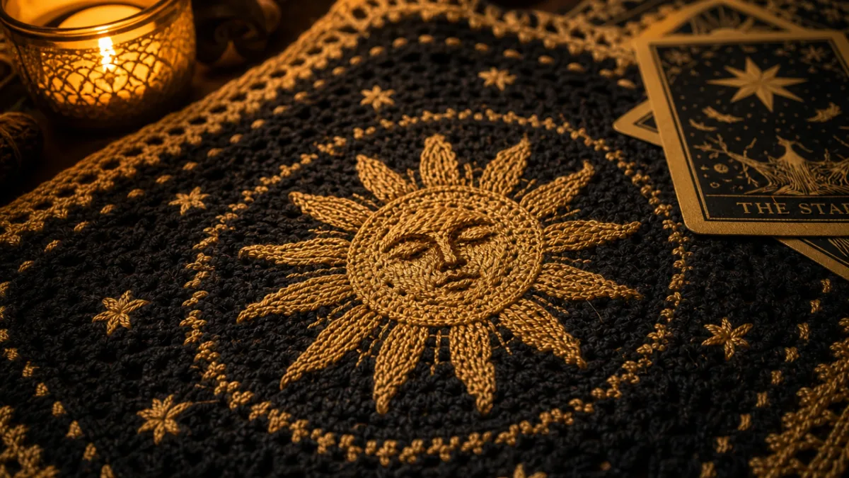 a close-up of intricate crochet stitching on a dark tarot cloth, warm…