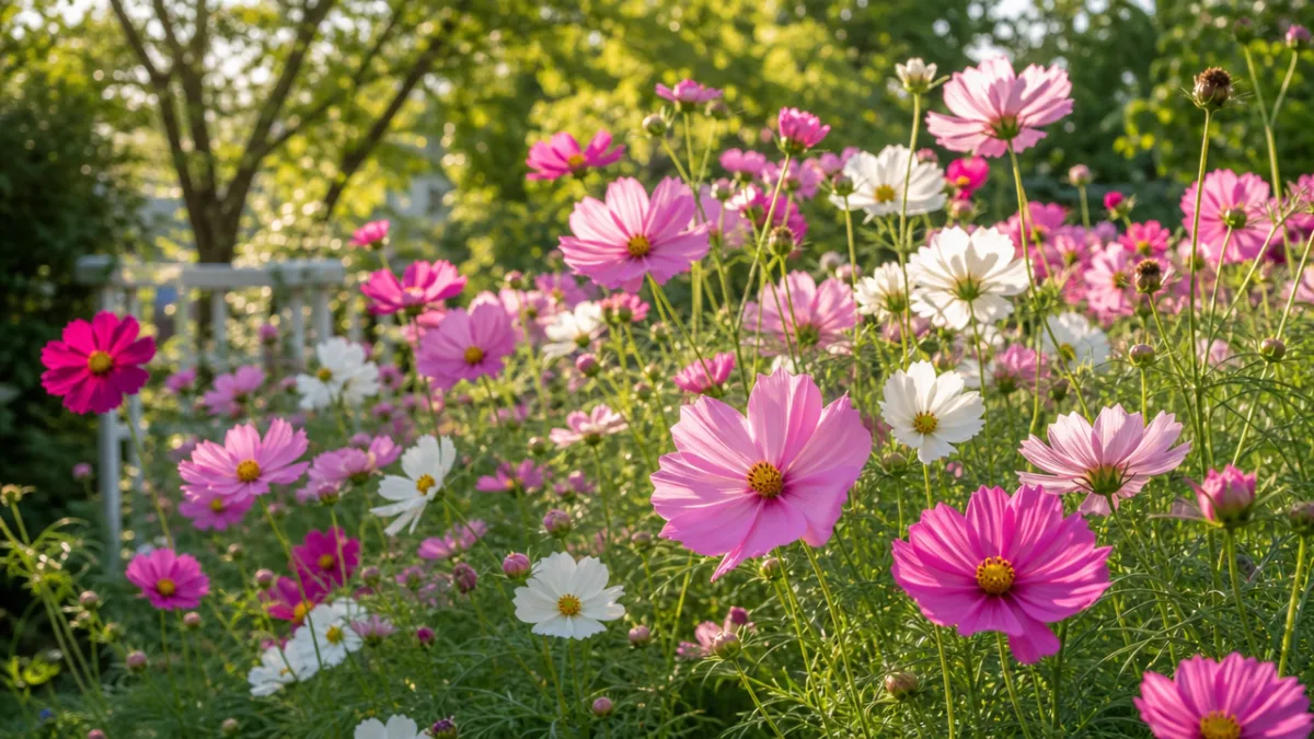 a lush garden bed of tall blooming cosmos in pink and white,…