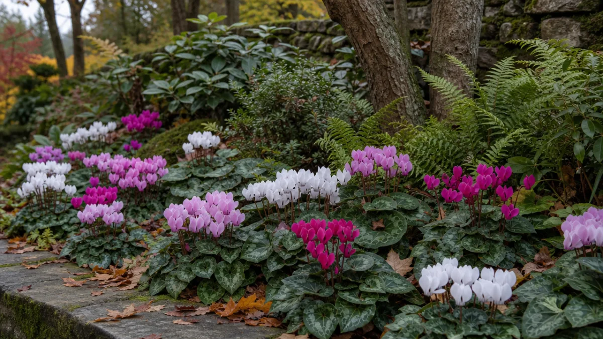 healthy cyclamen plants arranged in a cool shaded garden border in autumn,…