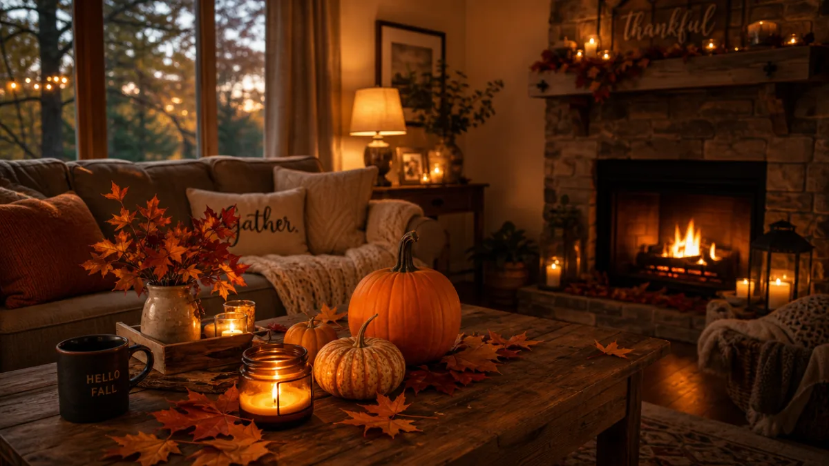 a cozy autumn living room with warm amber candlelight, scattered orange leaves…