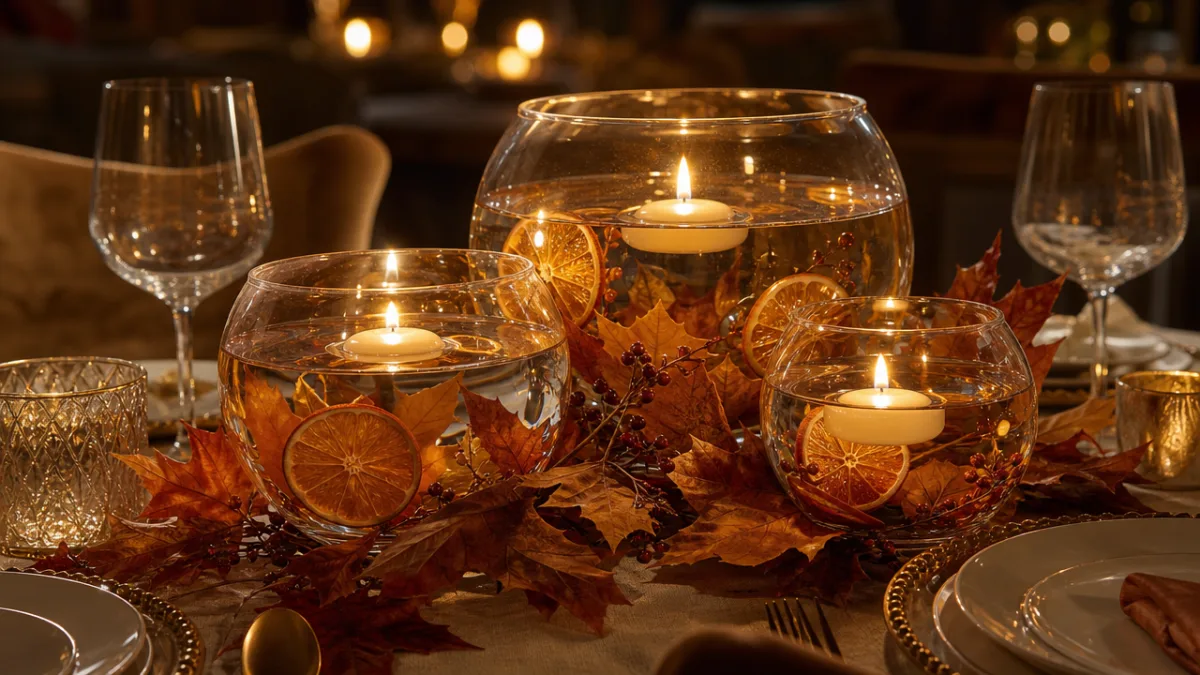 an elegant dining table centrepiece with floating LED candles in glass bowls,…
