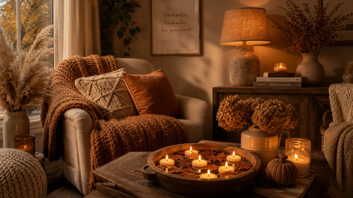 a beautifully styled cozy autumn corner with knit throws, pampas grass, floating…