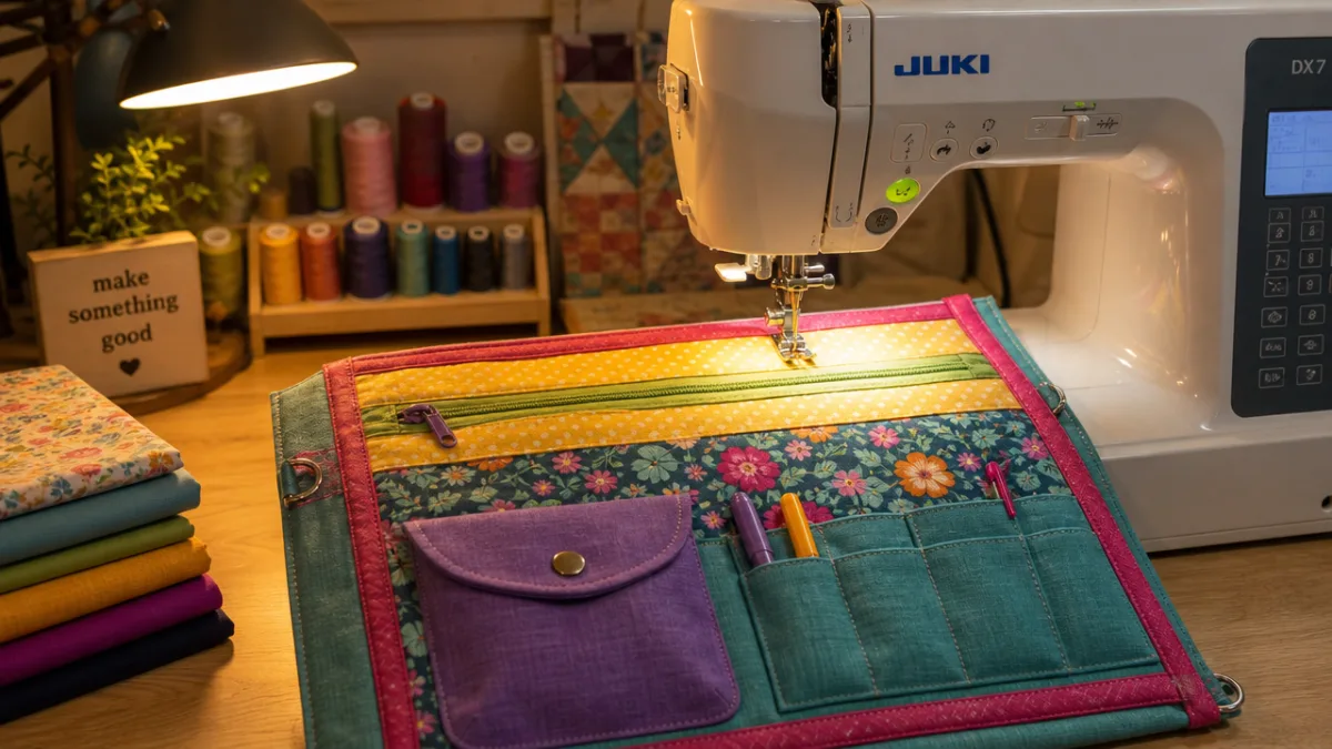 a sewing machine stitching a colorful pocketed organizer bag panel, warm studio…