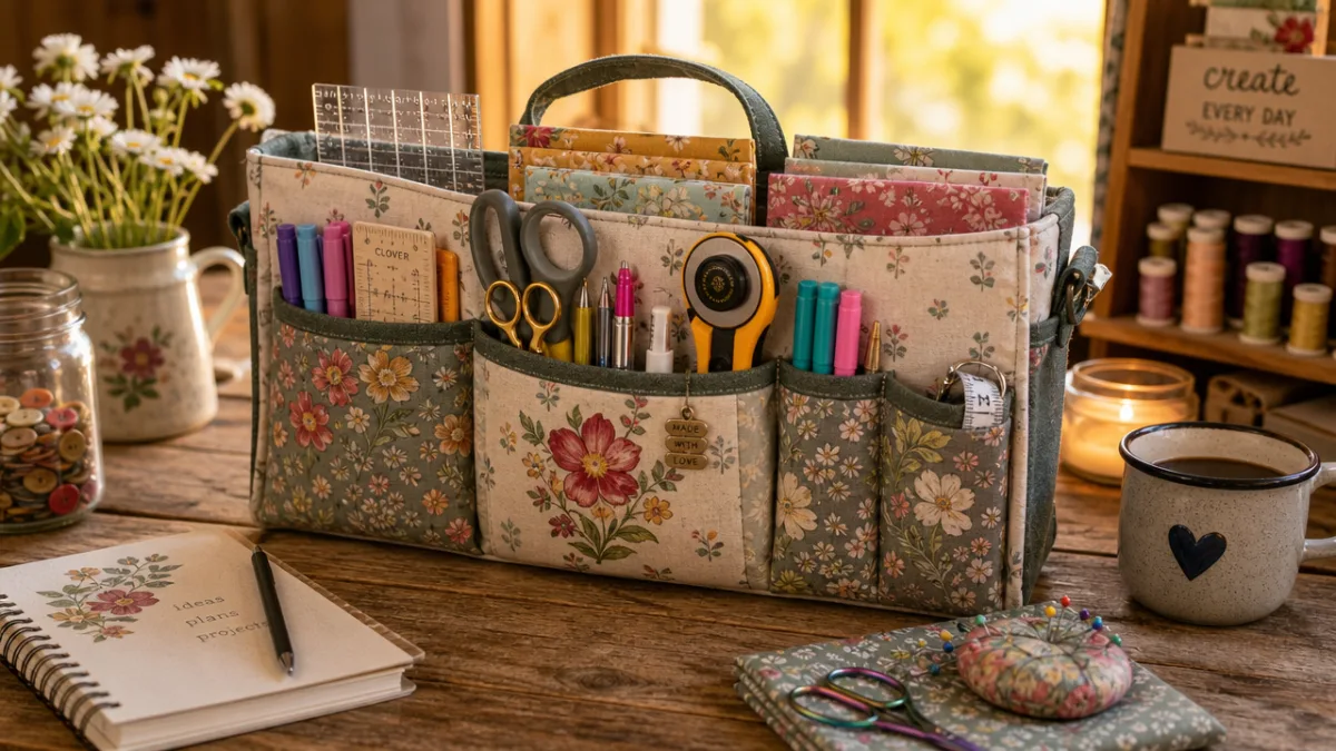 a finished fabric organizer bag with filled pockets and colorful tools displayed…