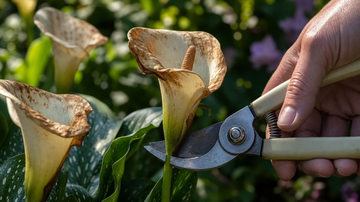 a close-up of faded calla lily blooms being trimmed with clean pruning…