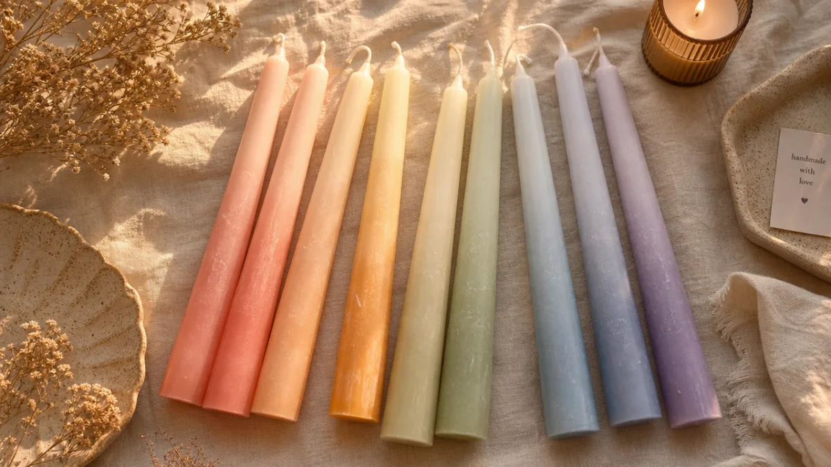 a warm flat-lay of handmade ombré taper candles in pastel hues arranged…