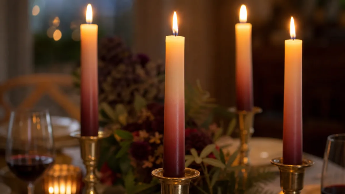 close-up of ombré taper candles glowing warmly in brass candleholders on a…