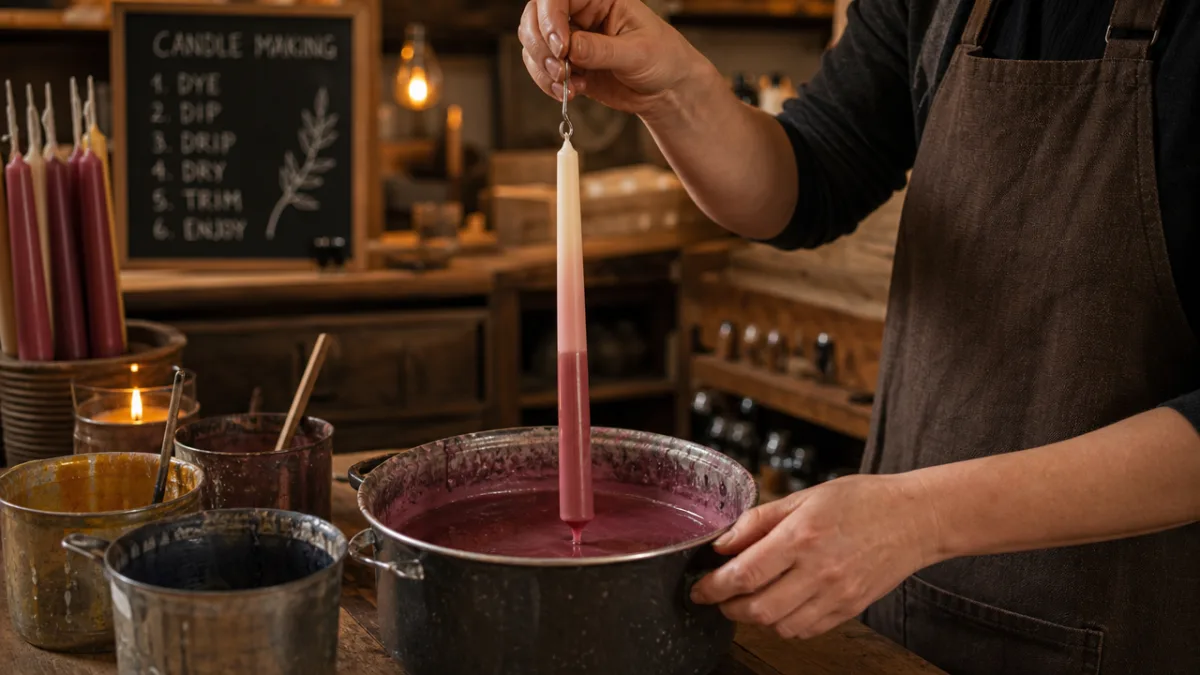 artisan hands carefully dipping a taper candle into colored wax in a…