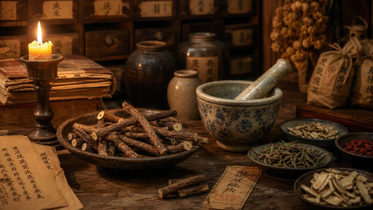 an ancient apothecary table with licorice roots, ceramic mortar and pestle, dried…