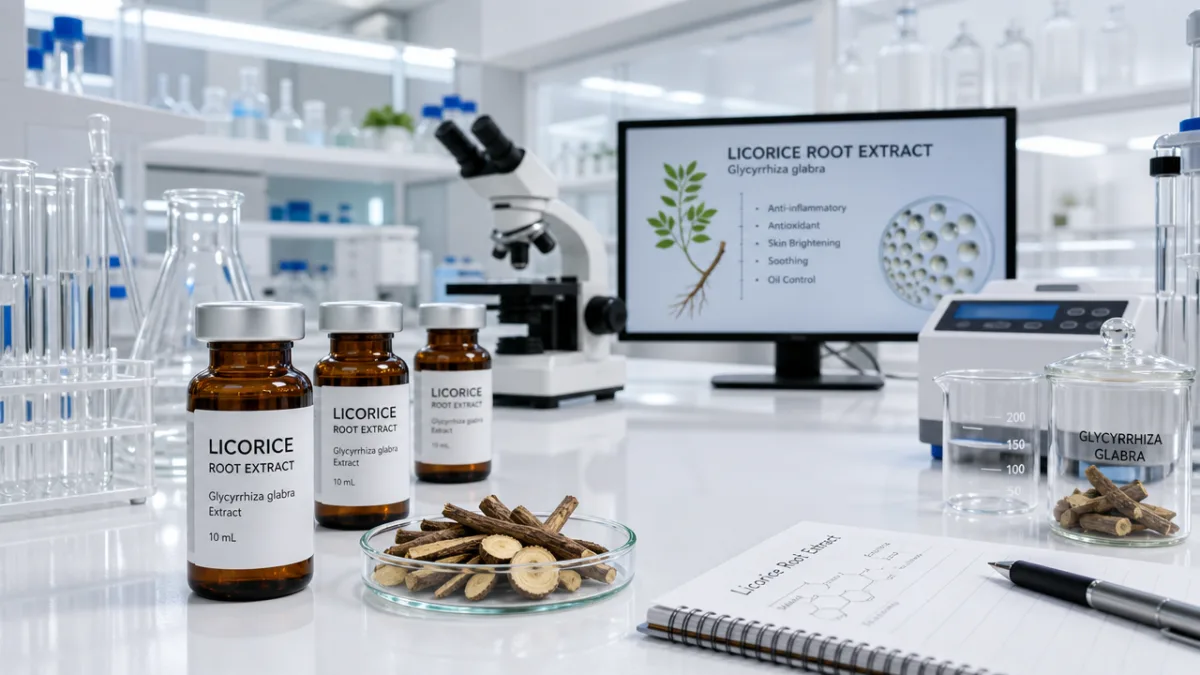 a modern laboratory setting with licorice root extract vials, scientific equipment, and…